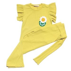 Kız Çocuk Yeşil Beyaz Papatya Nakışlı Bürümcük Pantolonlu 2'Li Takım