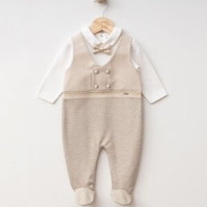 Erkek Bebek Ekru Kahve Papyonlu Kendinden Yelekli Patikli Tulum