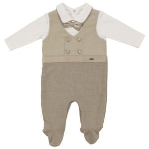 Erkek Bebek Ekru Kahve Papyonlu Kendinden Yelekli Patikli Tulum