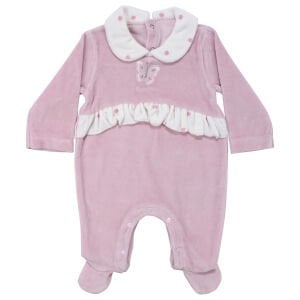 Kız Bebek Pudra Kelebek Nakışlı Puantiyeli Kadife Patikli Tulum