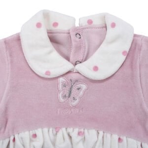 Kız Bebek Pudra Kelebek Nakışlı Puantiyeli Kadife Patikli Tulum