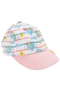 Kız Bebek Pudra Sarı Güneş Nakışlı Fil Desenli Kasket Şapka 0-18 Ay