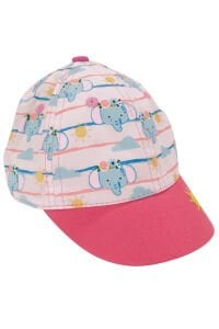 Kız Bebek Fuşya Sarı Güneş Nakışlı Fil Desenli Kasket Şapka 0-18 Ay