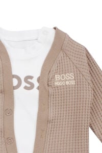 Erkek Bebek Ekru Kahve Düğmeli Hırkalı Boss Nakışlı 3'lü Takım