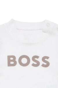 Erkek Bebek Ekru Kahve Düğmeli Hırkalı Boss Nakışlı 3'lü Takım
