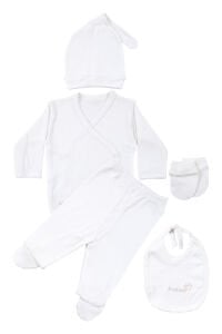 Unisex Ekru Raporlu Superbaby Nakışlı 5 Parça Hastane Çıkış Seti