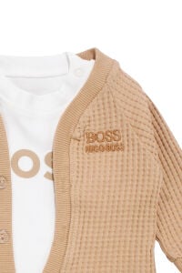 Erkek Bebek Ekru Bej Düğmeli Hırkalı Boss Nakışlı 3'lü Takım