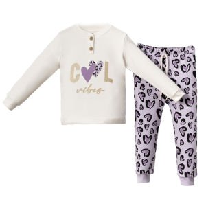 Kız Çocuk Ekru Mor Cool Kalp Baskılı 2'li Pijama Takımı