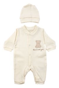 Unisex Ekru Ayı Nakışlı Bereli Tulum