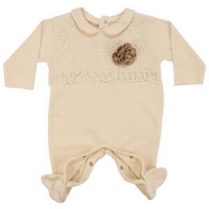 Kız Bebek Ekru Kahve Gül Armalı Dantelli Patikli Tulum