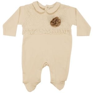 Kız Bebek Ekru Kahve Gül Armalı Dantelli Patikli Tulum