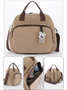 Lüks Bej Kahve Fermuarlı Cepli Tavşan Aksesuarlı Anne Bebek Sırt Çantası