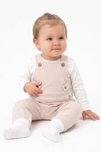 Kız Bebek Somon Çizgili Cepli Salopetli Badili Tulum