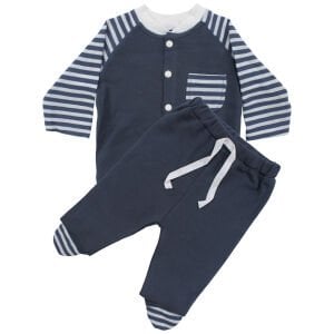 Unisex Lacivert Ekru Çizgili Cepli 2'li Takım