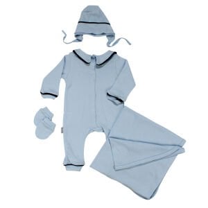 Erkek Bebek Mavi Laci Biyeli Bereli Tulum Battaniye Dört Parça Set 0-3 Ay