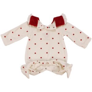 Kız Bebek Ekru Kırmızı  Puanlı Kelebekli Patikli Kadife Tulum