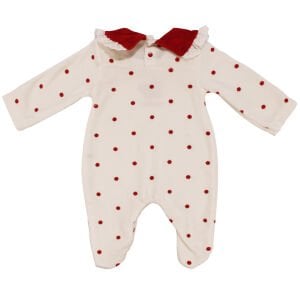 Kız Bebek Ekru Kırmızı  Puanlı Kelebekli Patikli Kadife Tulum