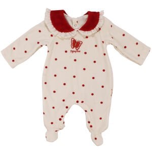 Kız Bebek Ekru Kırmızı  Puanlı Kelebekli Patikli Kadife Tulum