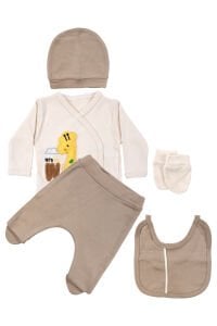 Unisex Ekru Kahve Zürafalı 5’li Hastane Çıkış Seti