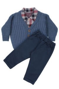 Erkek Bebek Ekose Gömlekli Lacivert Triko Hırkalı Üçlü Lüks Takım