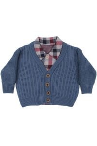 Erkek Bebek Ekose Gömlekli Lacivert Triko Hırkalı Üçlü Lüks Takım