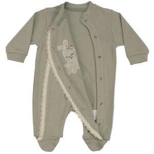 Kız Bebek Haki Yeşil Fistolu Tavşanlı Desenli Çıtçıtlı Patikli Tulum