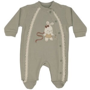 Kız Bebek Haki Yeşil Fistolu Tavşanlı Desenli Çıtçıtlı Patikli Tulum