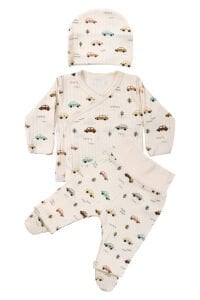 Erkek Bebek Ekru Araba Desenli Üçlü Takım 0-3 Ay