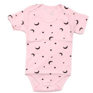 Unısex Pembe Siyah Ayyıldız Desenli Kısa Kollu Body Zıbın
