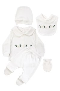 Kız Bebek Ekru Fisto Yakalı Papatya Nakışlı 5'li Hastane Çıkış Seti