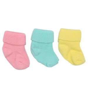 Unisex Pembe Turkuaz Sarı Kıvrık 3'lü Çorap 0-6 Ay