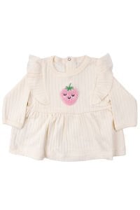 Kız Bebek Ekru Pembe Çilek Nakışlı Omuzları Fırfırlı İkili Takım 0-3 Ay