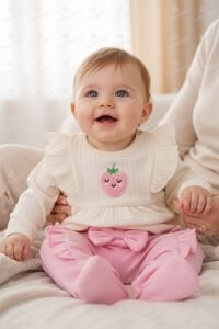 Kız Bebek Ekru Pembe Çilek Nakışlı Omuzları Fırfırlı İkili Takım 0-3 Ay