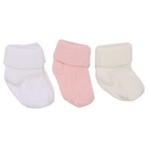 Unisex Pembe Beyaz Ekru Kıvrık 3'lü Çorap 0-6 Ay