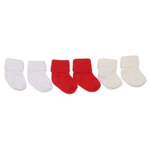 Unisex Kırmızı Beyaz Ekru Kıvrık 3'lü Çorap 0-6 Ay