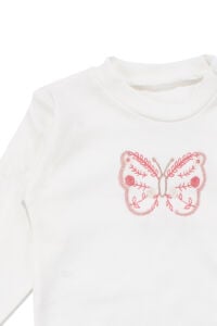 Kız Bebek Ekru Pembe Kelebek Nakışlı Fırfırlı Hırkalı 3'lü Takım