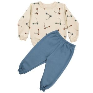 Erkek Çocuk Ekru Mavi Renkli Scooter Baskılı Üç İp  2'li Takım