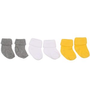 Unisex Sarı Beyaz Gri Kıvrık 3'lü Çorap 0-6 Ay