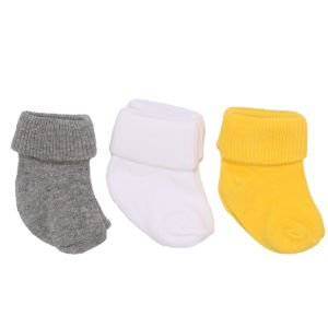 Unisex Sarı Beyaz Gri Kıvrık 3'lü Çorap 0-6 Ay