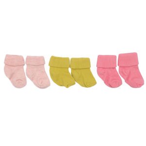 Unisex Sarı Pembe Pudra Kıvrık 3'lü Çorap 0-6 Ay