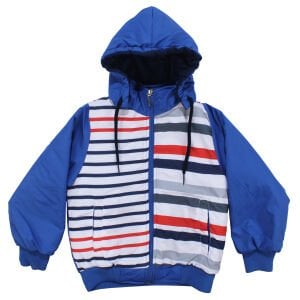 Erkek Çocuk Mavi Renkli Çizgili Desenli Kapşonlu Şişme Mont