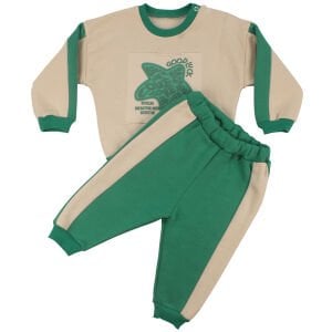 Erkek Bebek Ekru Yeşil Good Luck Yıldızlı Üç İp 2'li Takım