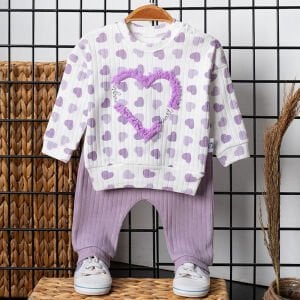Kız Bebek Ekru Lila Kalpli Desenli Fitilli 2'li Takım