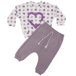 Kız Bebek Ekru Lila Kalpli Desenli Fitilli 2'li Takım
