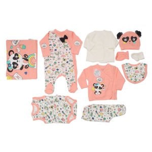 Kız Bebek Somon Beyaz Cute Baby Yazılı Panda Baskılı 10 Parça Hastane Çıkış Seti
