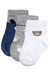 Erkek Bebek Laci Gri Beyaz Ayıcık Desenli 3'lü Çorap Set