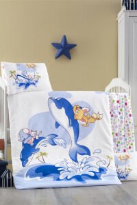Unisex Ekru Mavi Balık Desenli Nevresim Takımı