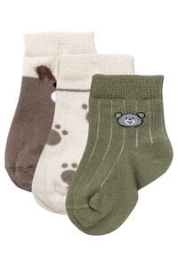 Erkek Bebek Kahve Krem Yeşil Ayıcık Desenli 3'lü Çorap Set