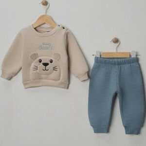 Erkek Bebek Gri Mavi Tedy Bear Ayılı Üç İp İkili Takım