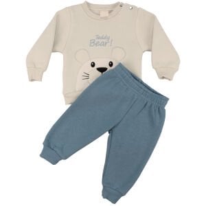 Erkek Bebek Gri Mavi Tedy Bear Ayılı Üç İp İkili Takım